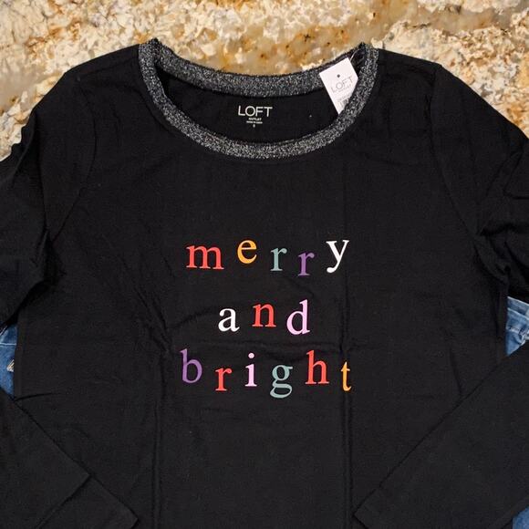 NWT LOFT Black W/Christmas Merry and Bright Graphic Long Sleeve Tee - Picture 3 of 10